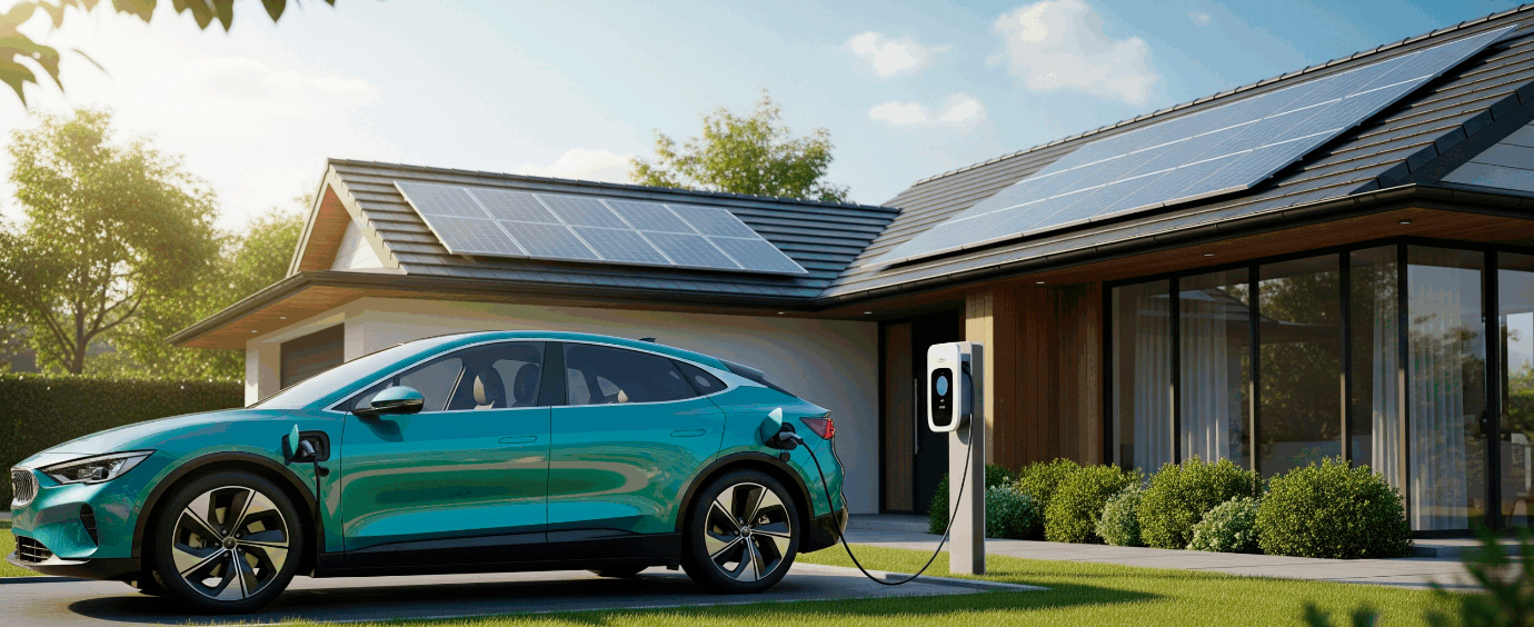 Vivienda con cargador de coche eléctrico y paneles solares